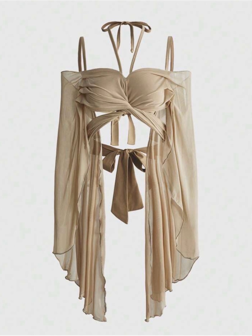 Sheer Beige Tie-Front Off-Shoulder Crop Top